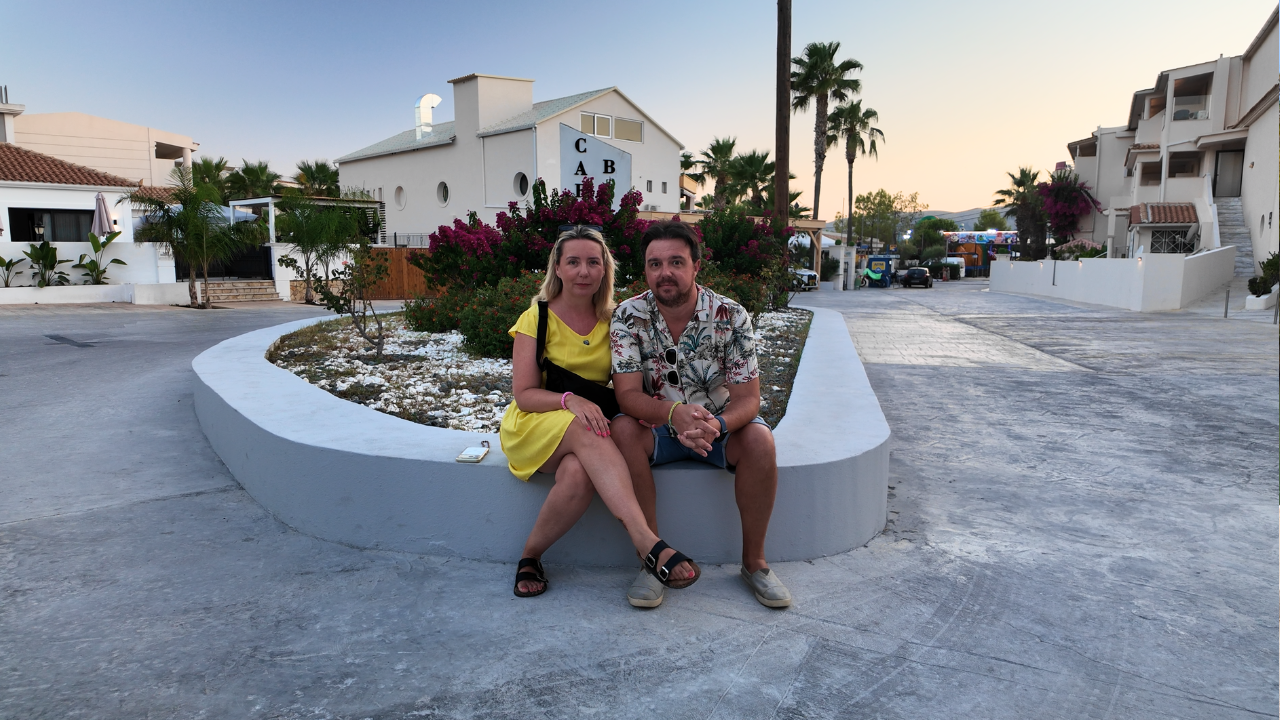 Adam and Emma in a Zante town square